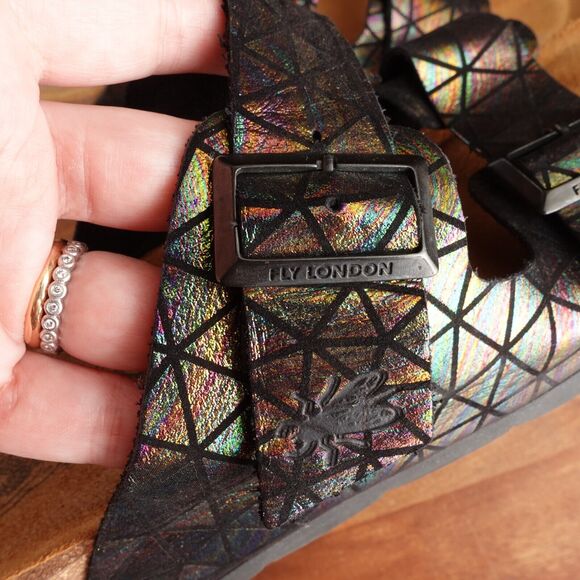 Fly London Sandals Womens SZ EU 40 US 9-9.5 BLK Iridescent Leather Slide Shoes - Picture 10 of 14